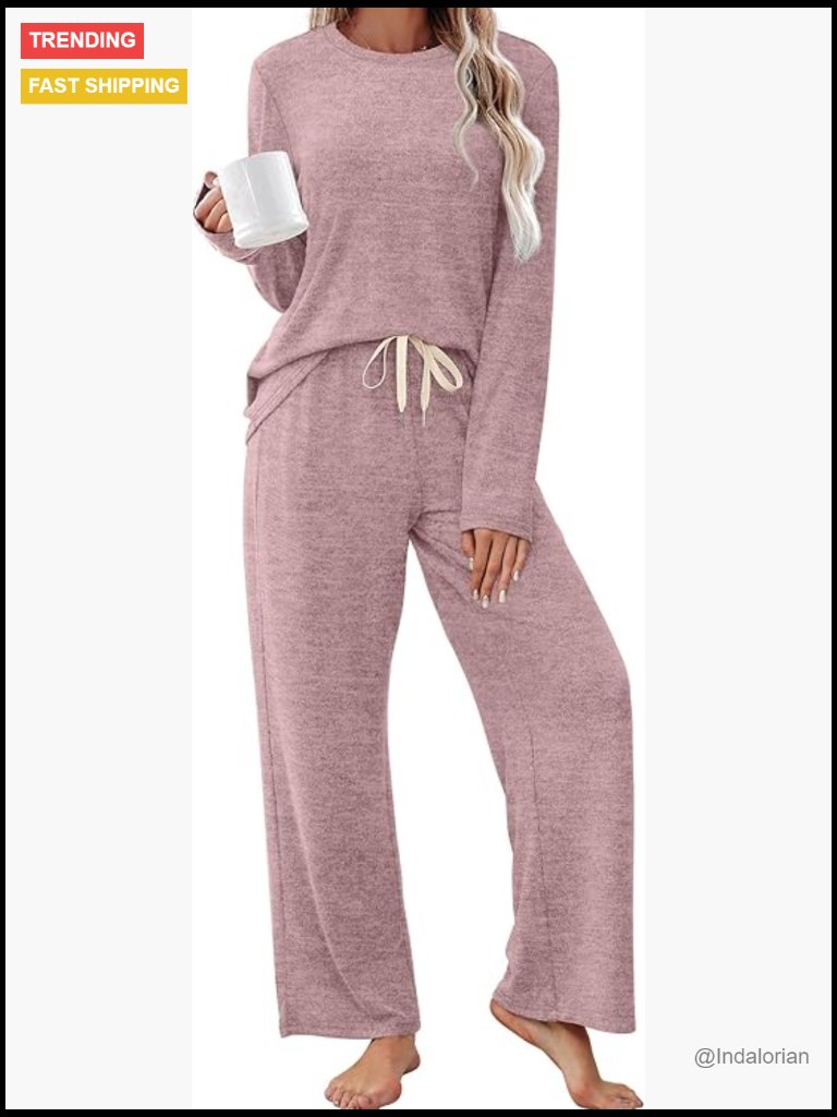 Soft Long Sleeve Pajama Set, Polyester Rayon Spandex Blend, Loose Fit
